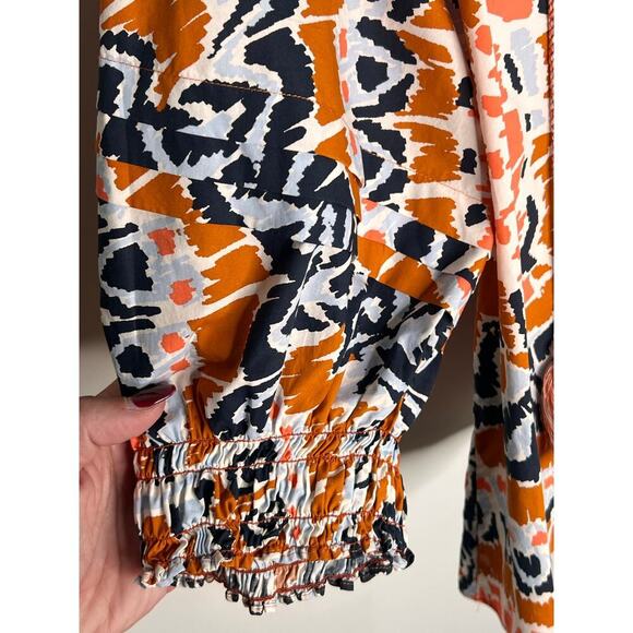 Marie Oliver Printed Puff Sleeve V-Neck Blouse Top Orange/Black/Blue Women's 1 - Picture 5 of 12